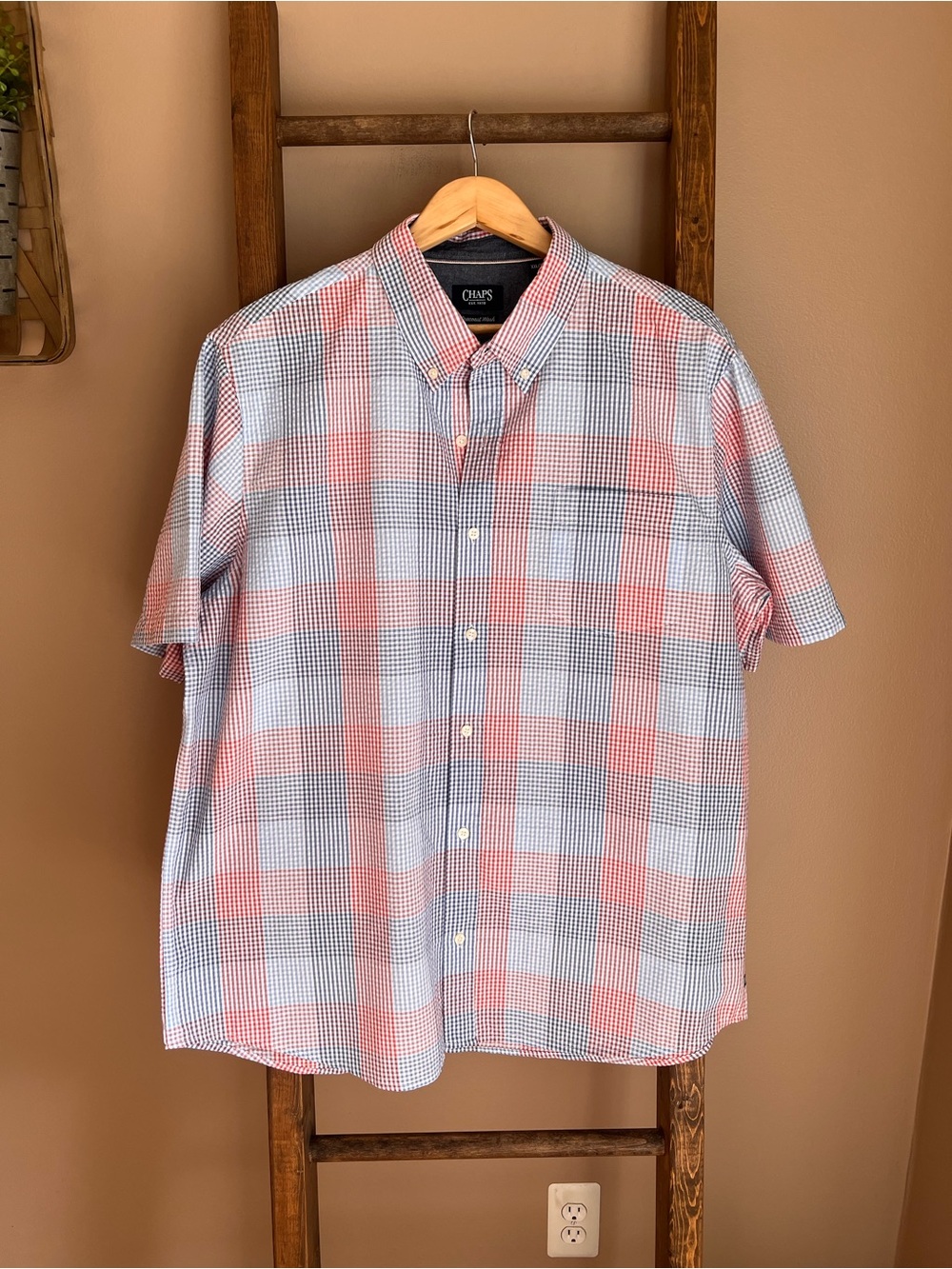 Chaps Men’s Short-Sleeve Button-Down Shirt in Coral and Light Blue Plaid